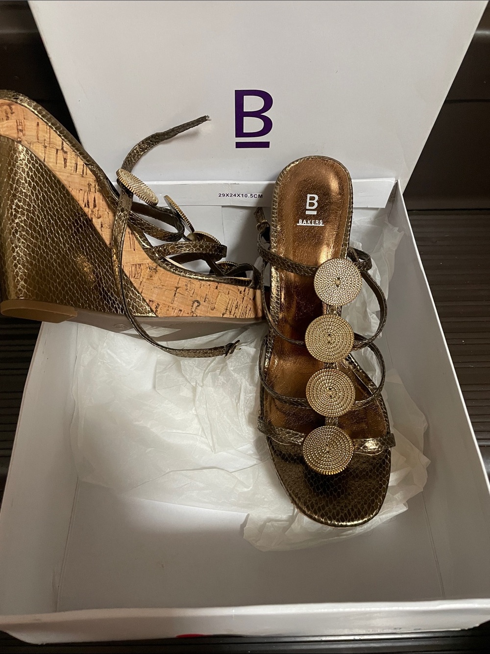 Bakers Metallic Bronze Cork Wedge Sandals with Decorative Discs